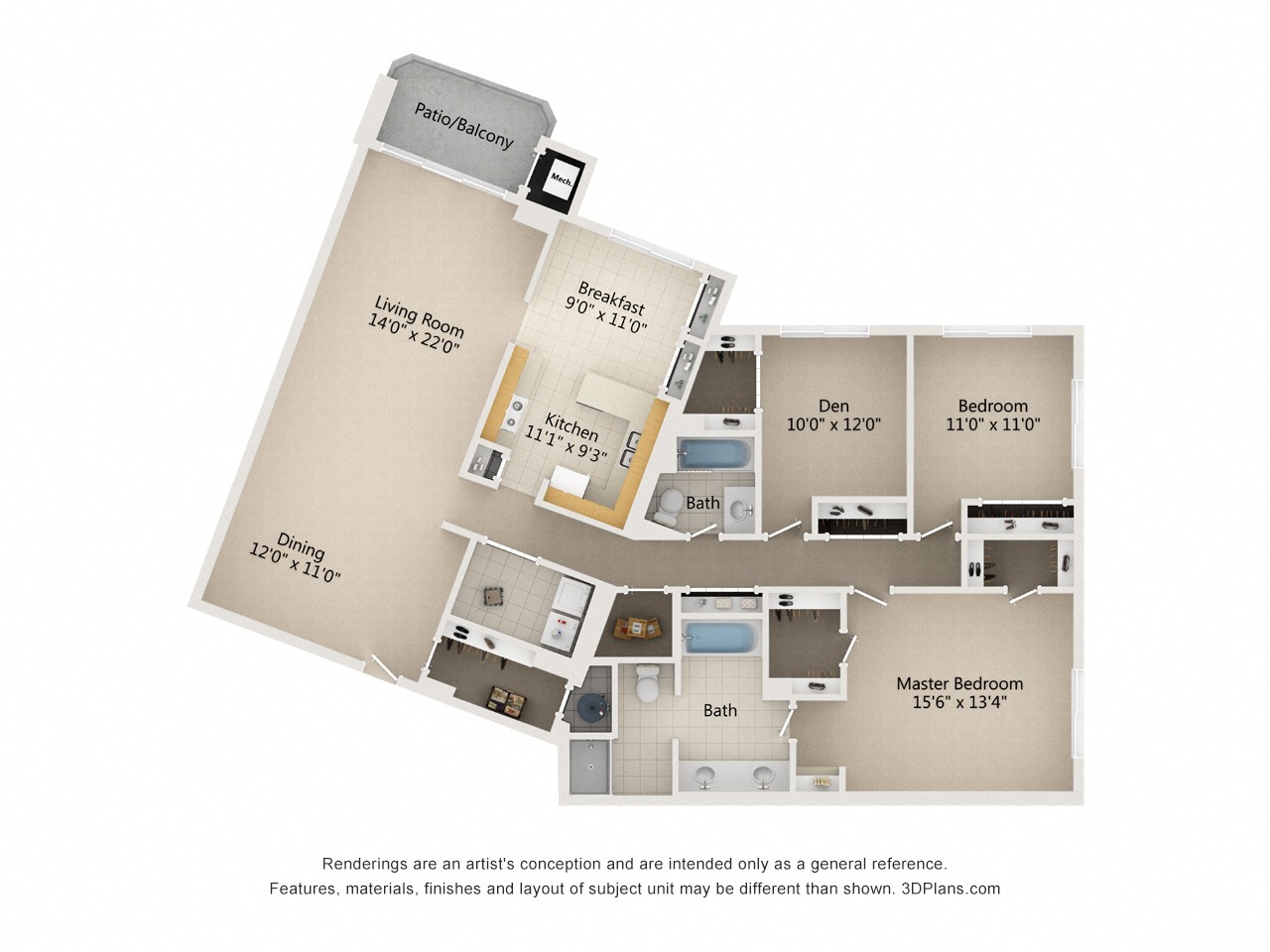 Floor plan layout diagram for 3 Bedroom 2 Bath Type C
